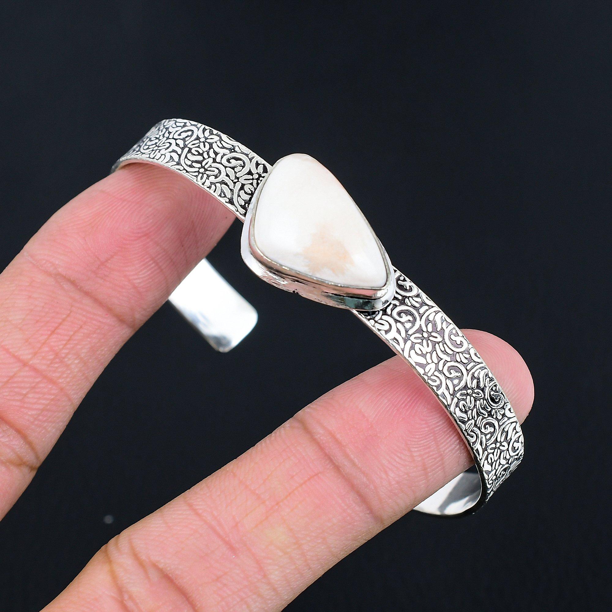 

Sterling Silver Trillion Scolecite Stone Crown Chakra Mother Boho Bangle Jewelry Adjustable