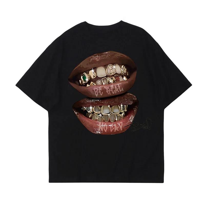 Chic Lips Golden Teeth Vintage Tee Rock Goth Casual Summer Short Sleeve High Street Oversized T Shirt Harajuku Graphic Print