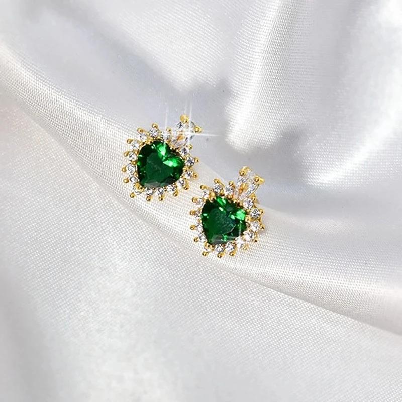 Heart-shaped Necklace Green Zircon Jewelry Sets for Women Exquisite Crystal Pendant Chain Women's Earings Wedding