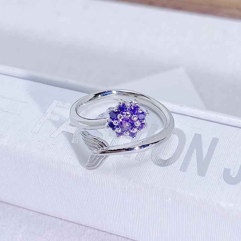 Purple Romantic Super Fairy Zircon Light Luxury Butterfly Fishtail Open Ring Niche Design High-End Exquisite Ring Woman