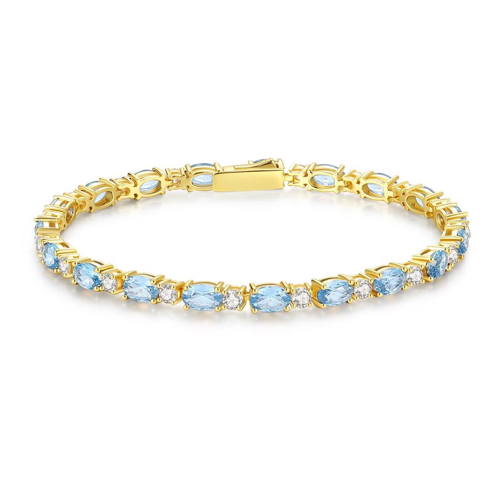 FANCIME Tennis Bracelet Width 4mm March Birthstone Aquamarine Tennis Bracelet Zirconia 14K Gold Plated Silver 925 Sterling Silver Bracelet for Women