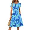 Women's Casual Fashion Round Neck Pleated Short Sleeve Floral Print A-Line Midi Dress