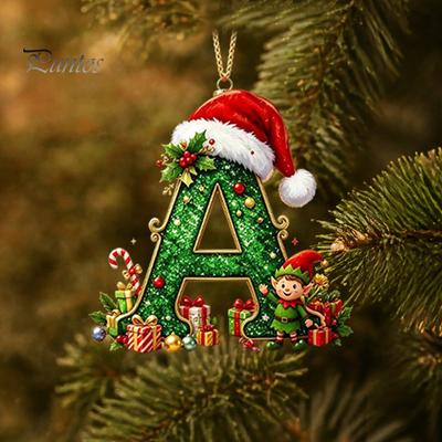 Santa Hat Letter Tree Pendant 26 Alphabet Christmas Ornament, Personalized Letters Acrylic Hanging Decoration with Festive Elf Pattern Initial