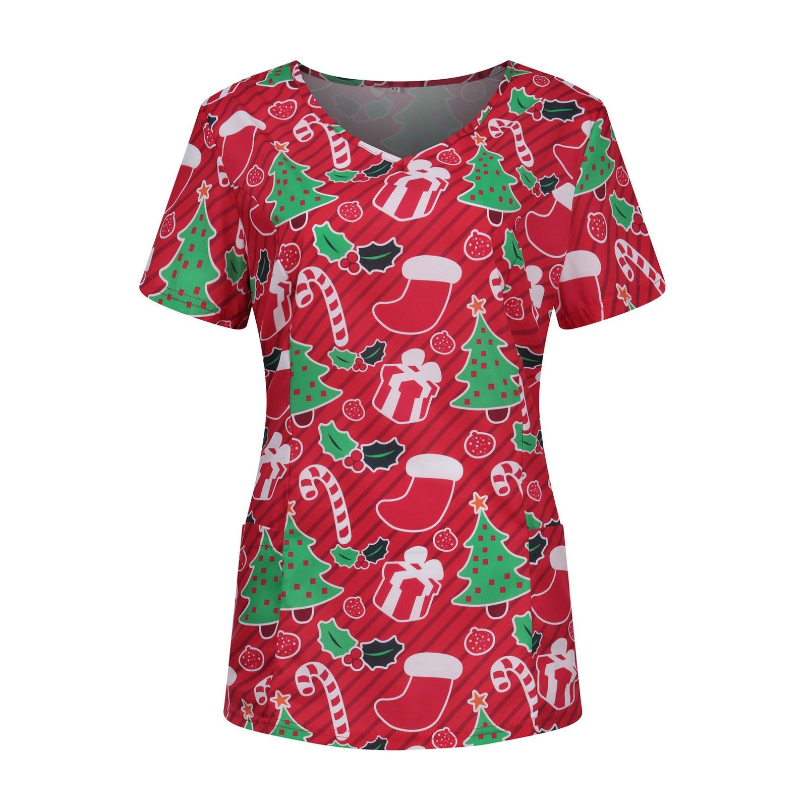 

Женская рабочая одежда с короткими рукавами и рождественским принтом с v-образным вырезом и карманной рабочей одеждой L зелёный