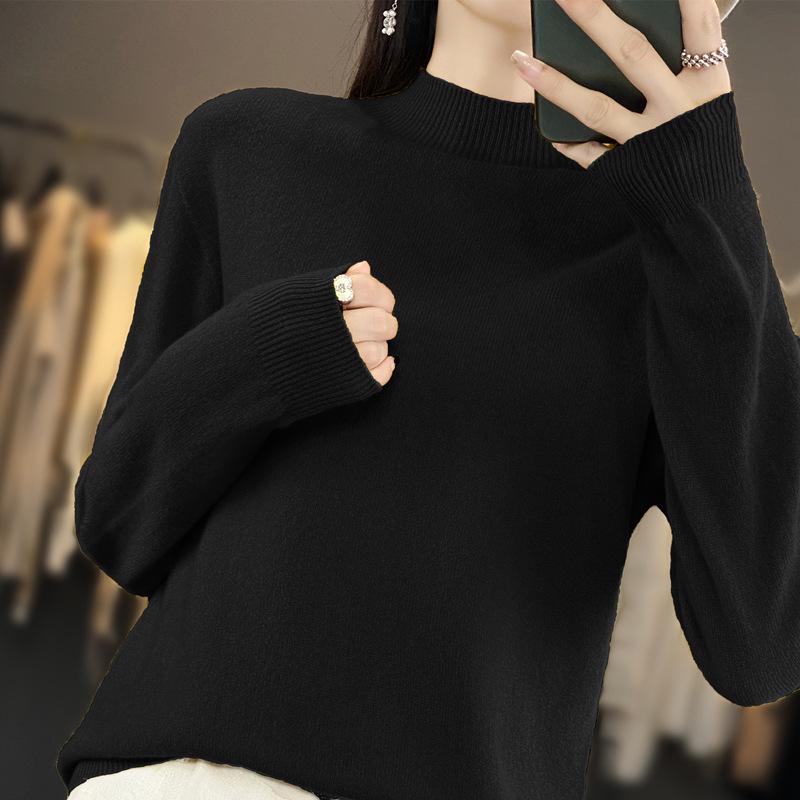 Women's Slimming Wool Sweater - Half High Neck, Long Sleeve, Loose Velvet Pullover, Versatile Knitwear for Autumn/Winter.