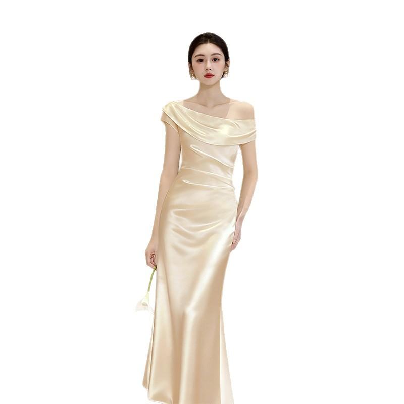 Light luxury one-word shoulder light gold evening dress, annual meeting host engagement dress, bridal toast dress, morning gown skirt