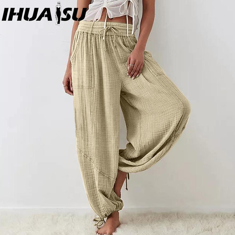

IHUASU 8 цветов Женские брюки с высокой эластичной талией Широкие штанины Свободные брюки Глубокий жилет Плиссированные щиколотки Карманы Однотонные Мягкие женские повседневные брюки XXXL хаки