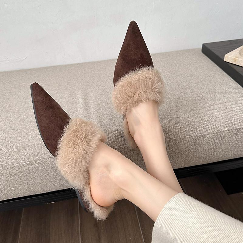 Fashion Aphixta New Warm Winter Slippers Suede Pointed Toe Slipper Low Heel Furry Shoes Indoor Hair Slides zapatos de mujer pantunflas