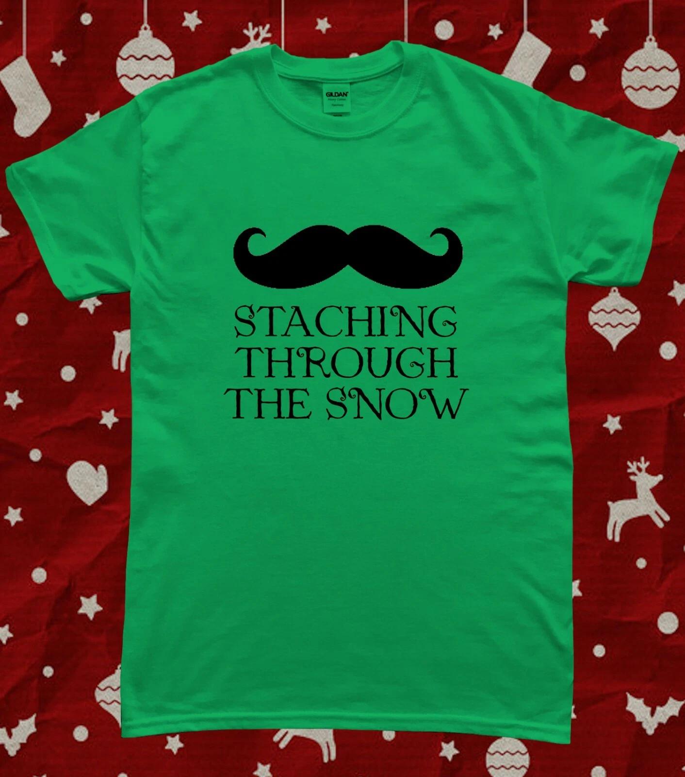 Funny Moustache Man Staching Snow Christmas T-Shirt L