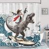 VIKAMA Western Cowboy Cat Tyrannosaurus Rex Surfing Shower Curtain Cartoon Whimsical Design Unique and Humorous Atmosphere Decor