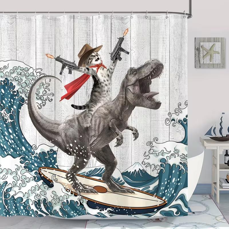 VIKAMA Western Cowboy Cat Tyrannosaurus Rex Surfing Shower Curtain Cartoon Whimsical Design Unique and Humorous Atmosphere Decor