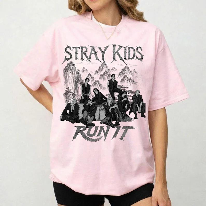Stray Kids Welttournee Run It T-Shirt Unisex Hip Hop Y2K Gothic Übergroßes T-Shirt Hip Hop Streetwear Top Y2K Gothic Baumwolle Übergroßes T-Shirt