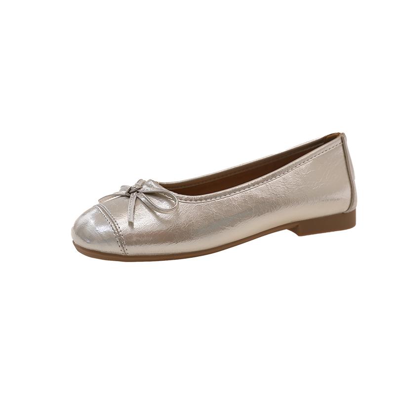 Mote Gull Sølv Mote Flats Luksus Dame Ballerinaer Rund Tå Sløyfe Slip on Komfort Loafers Damer Fritid Mules Sko