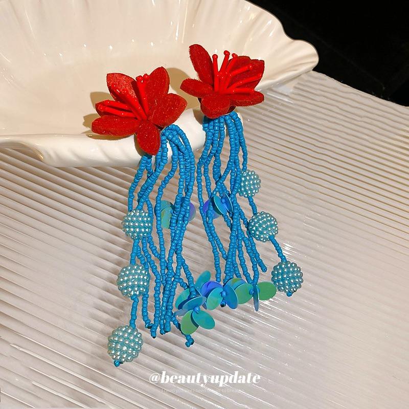 Silver needle small fresh red and blue flower rice beads beaded long fringed earrings ins fashion earrings atmosphere earrings