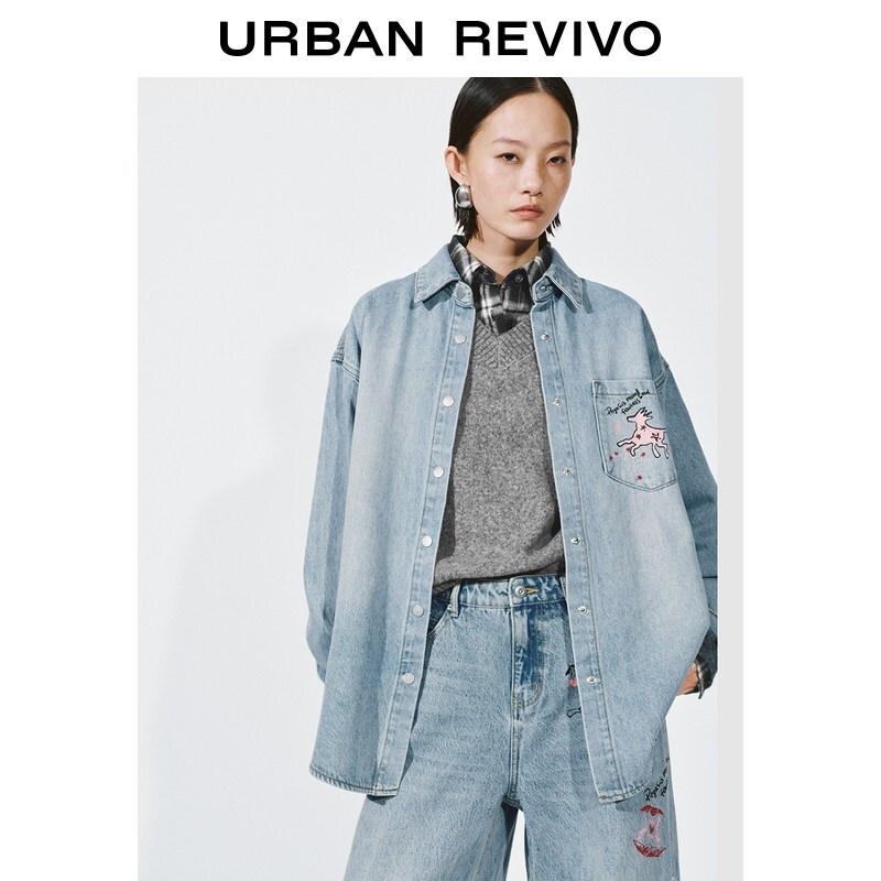Women s Embroidered Washed Denim Shirt M