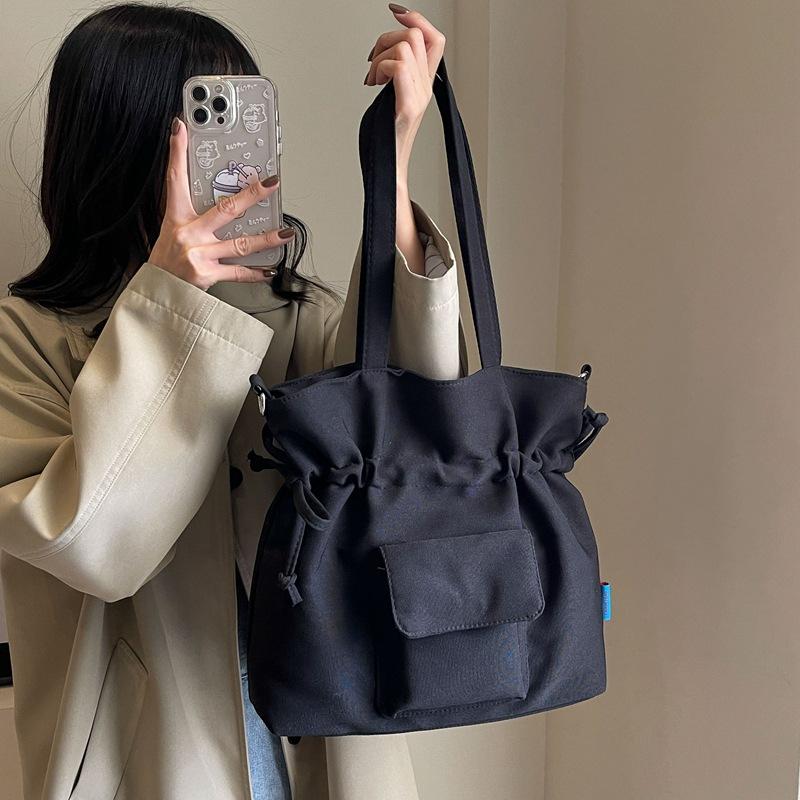 Drawstring Design Solid Color Women's Canvas Shoulder Bags Casual Simple Ladies Handbags Outdoor Sports Female Crossbody Bag