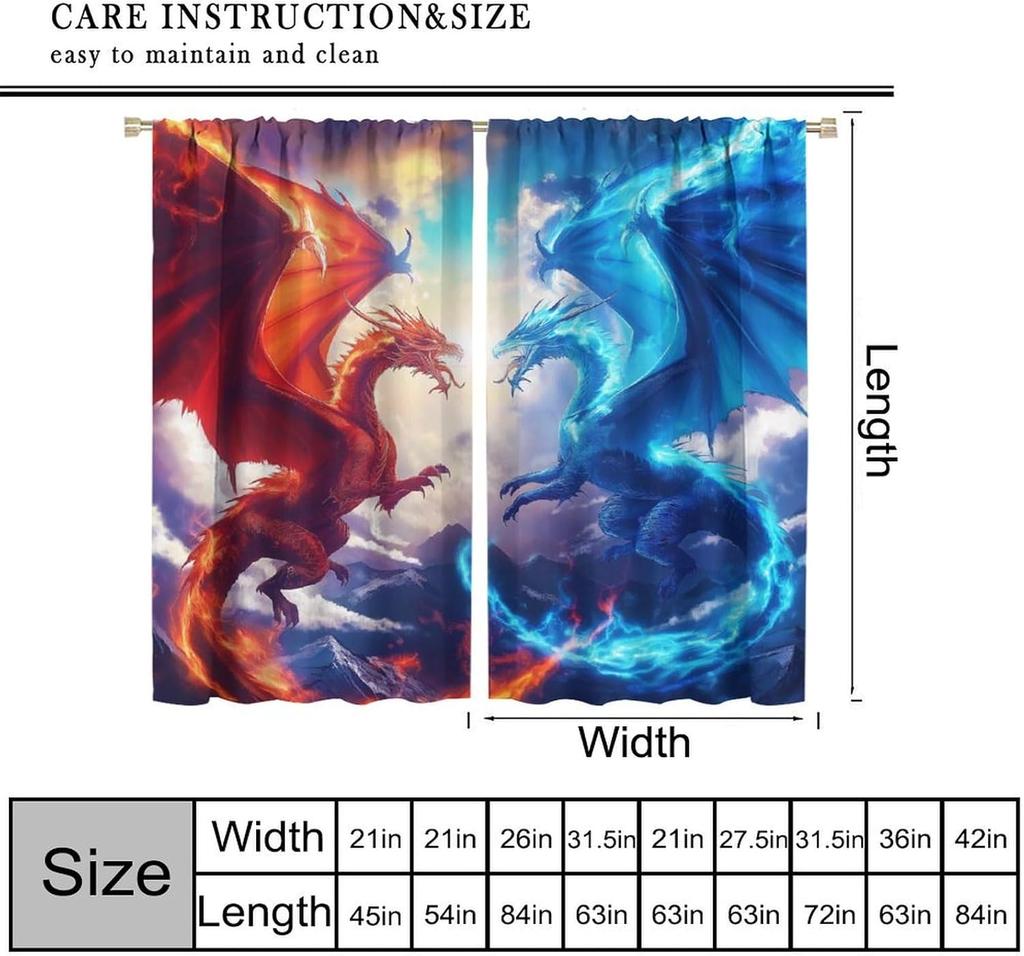 Ice Fire Dragon Curtains, Cool 3D Mystery Fantasy Sky Flame Red and Blue Flying Dragon Window Treatments, Thermally Insulated Ro