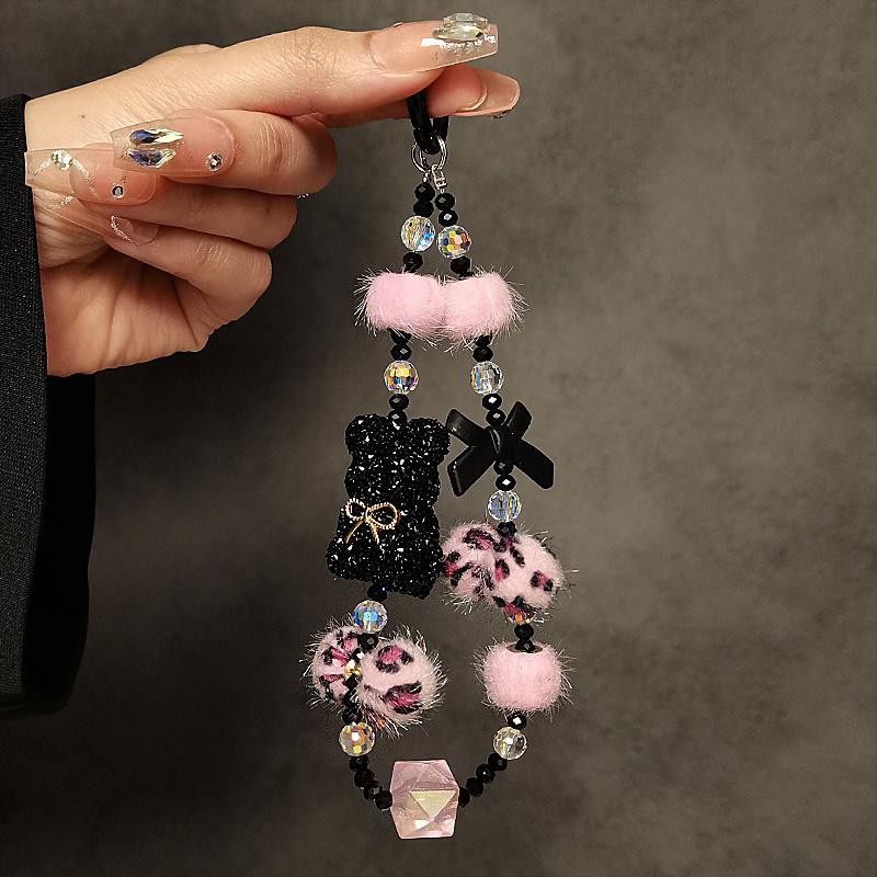 Luxusní náramek s přívěskem medvídka s mašlí s leopardím potiskem a diamanty, jednoduchý plyšový krátký řemínek na telefon ve stylu řetízku na telefon/sluchátka