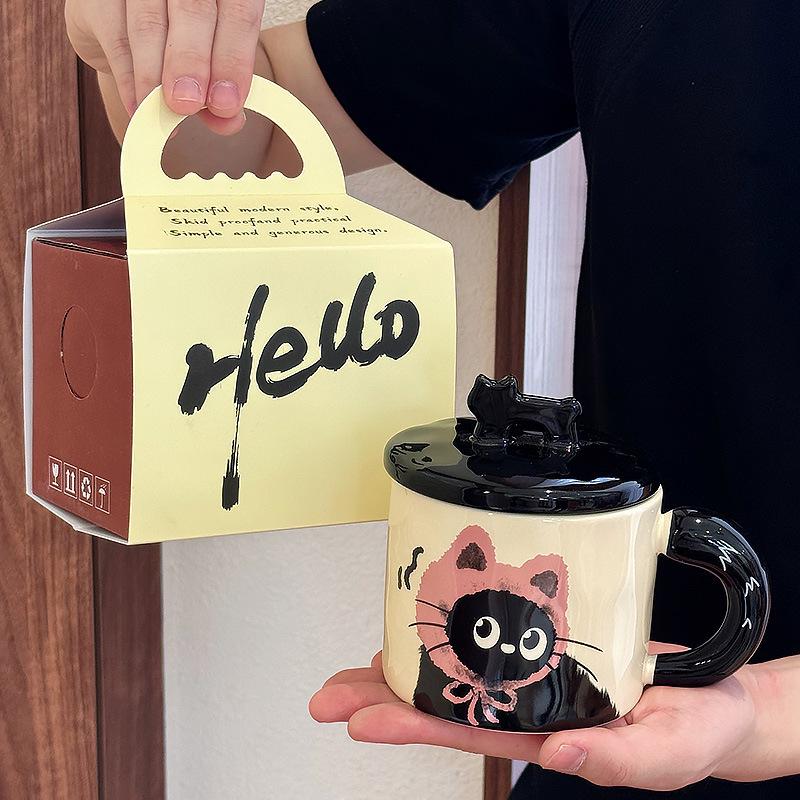 Ceramic Cat Mug with Lid - Cute Office Cup, Couple Gift, Souvenir Boxed, Birthday Present