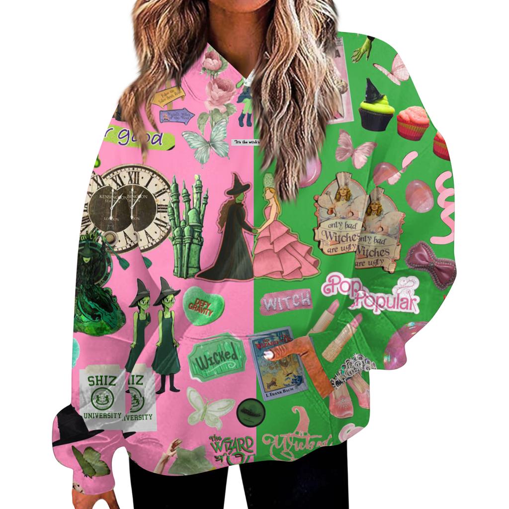 Women's Casual Fashion Witch Print Long-Sleeve Hooded Sweatshirt With Pockets