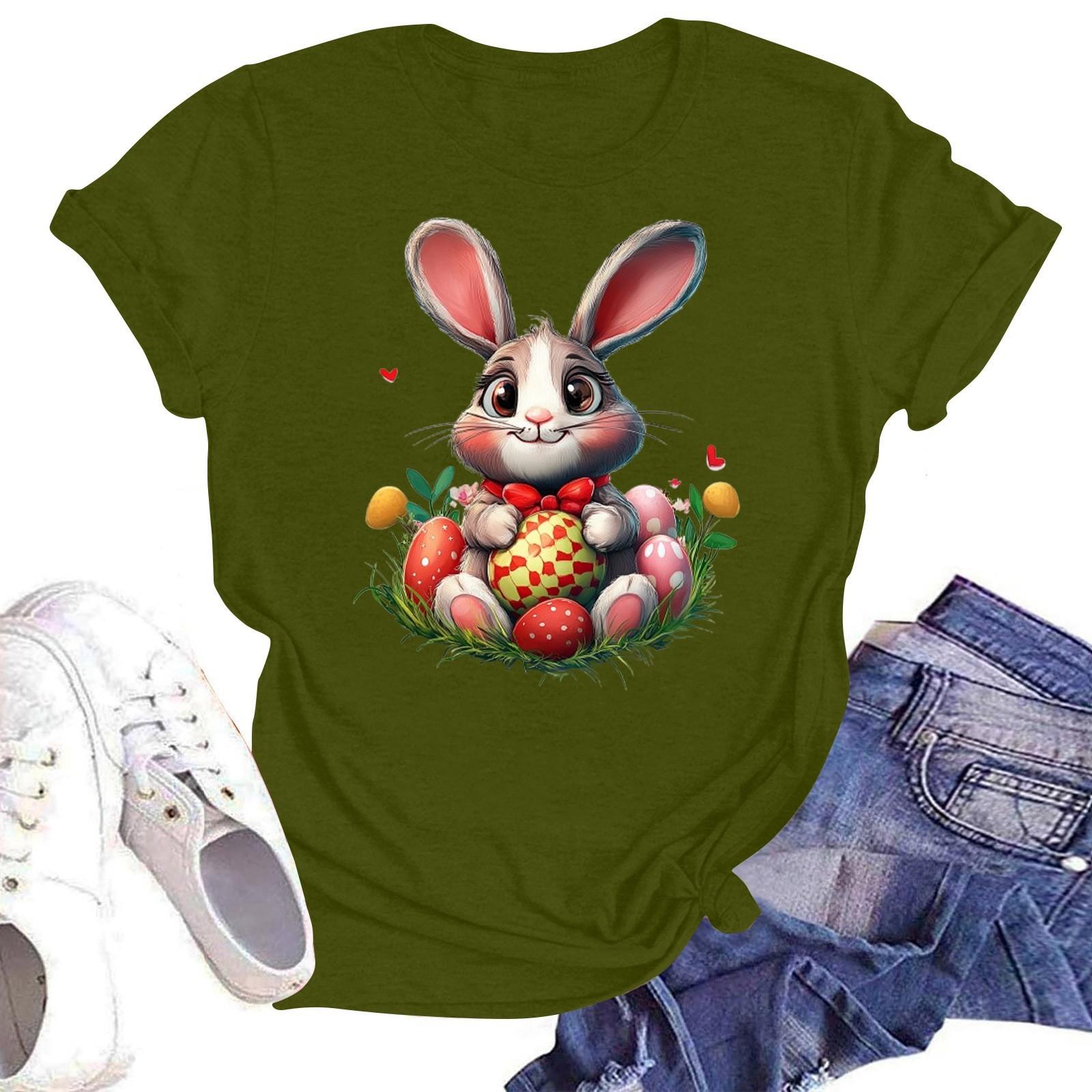 

Счастливой Пасхи женская мода принтованный круглый вырез короткий рукав футболка пуловер топ L армия зеленый