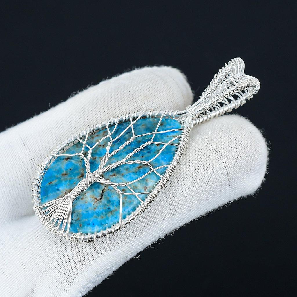 Pierre précieuse pendentif en apatite bleu néon, pendentif en argent sterling 925 fait à la main, bijoux enveloppés de fil d’argent, bijoux d’arbre de vie enveloppés de fil