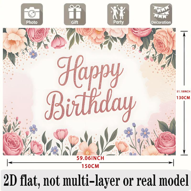 Pink Watercolor Birthday Banner, Romantic Floral Backdrop Wall Decor for Party