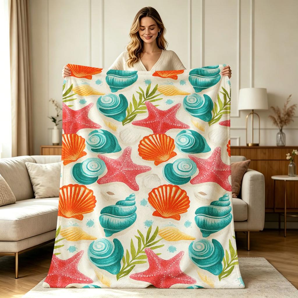 Soft Flannel Blanket with Coastal Seashell Starfish Print All Season Warm Throw Blanket for Sofa Couch Bed Office Living Room Home Decor