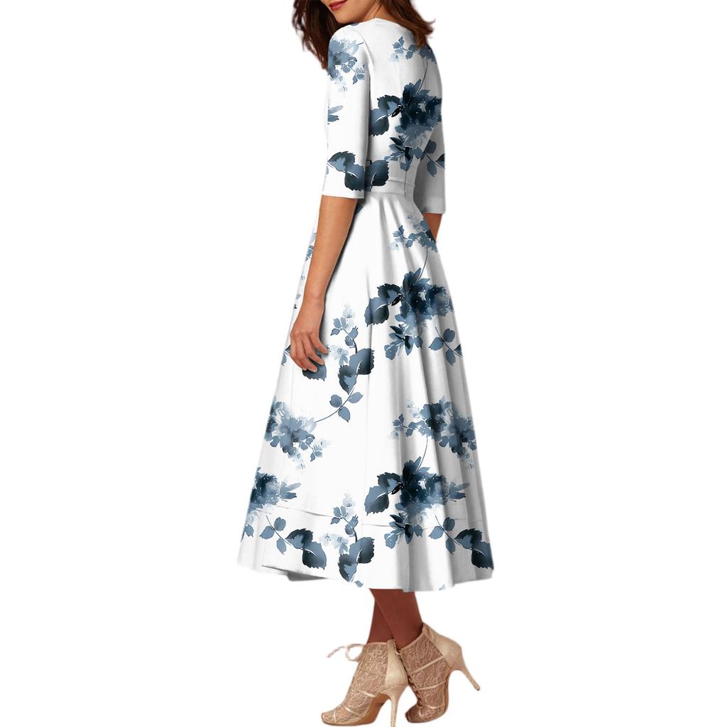 A Fashionable Mid-Sleeved Mid-Length Dress With Floral Prints And A Sexy V-Neck