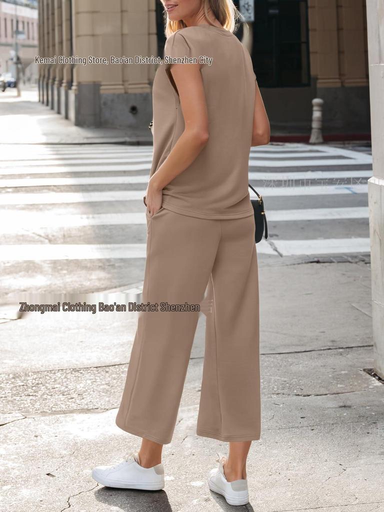 Women's Spring/Summer V-Neck Short Sleeve Buttoned Two-Piece Casual Suit