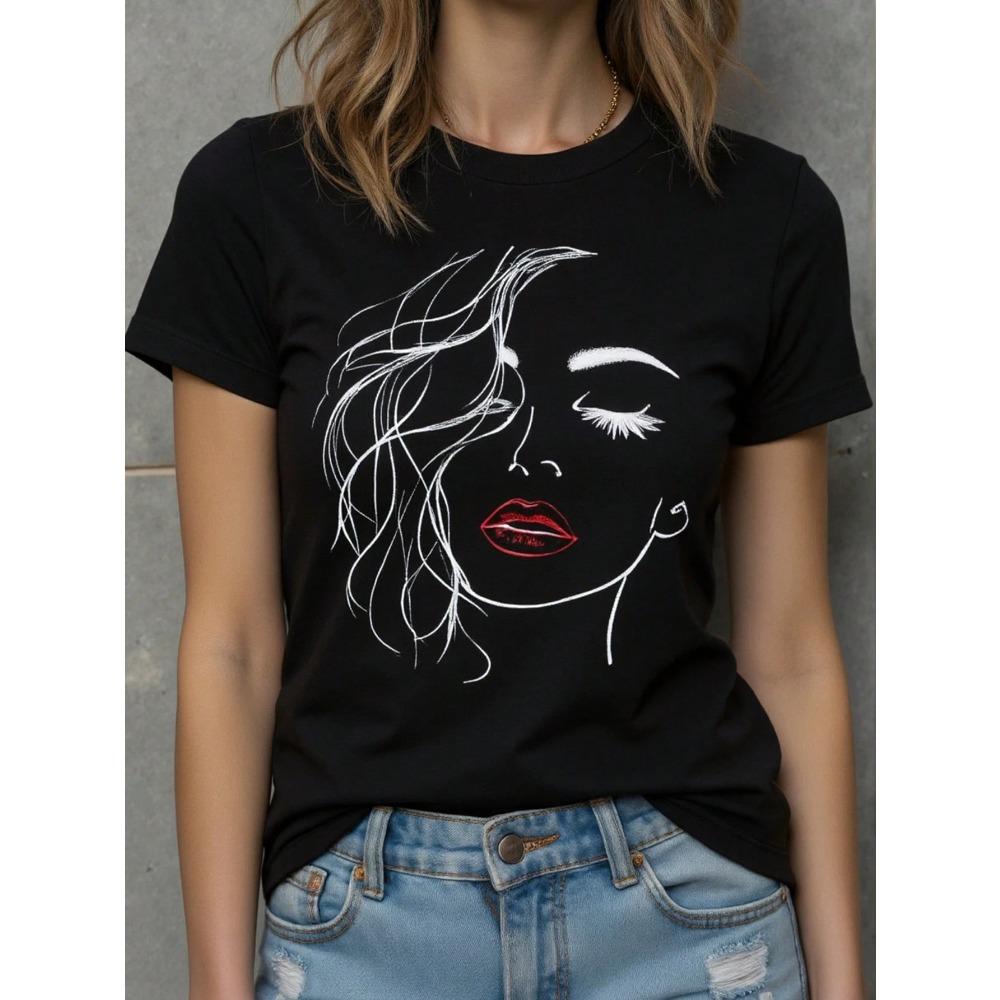 Women's T-Shirt Abstract Face Line Art Graphic Print Tops Casual O-Neck Short Sleeve Tee Summer Outdoor Fashion Female Clothing