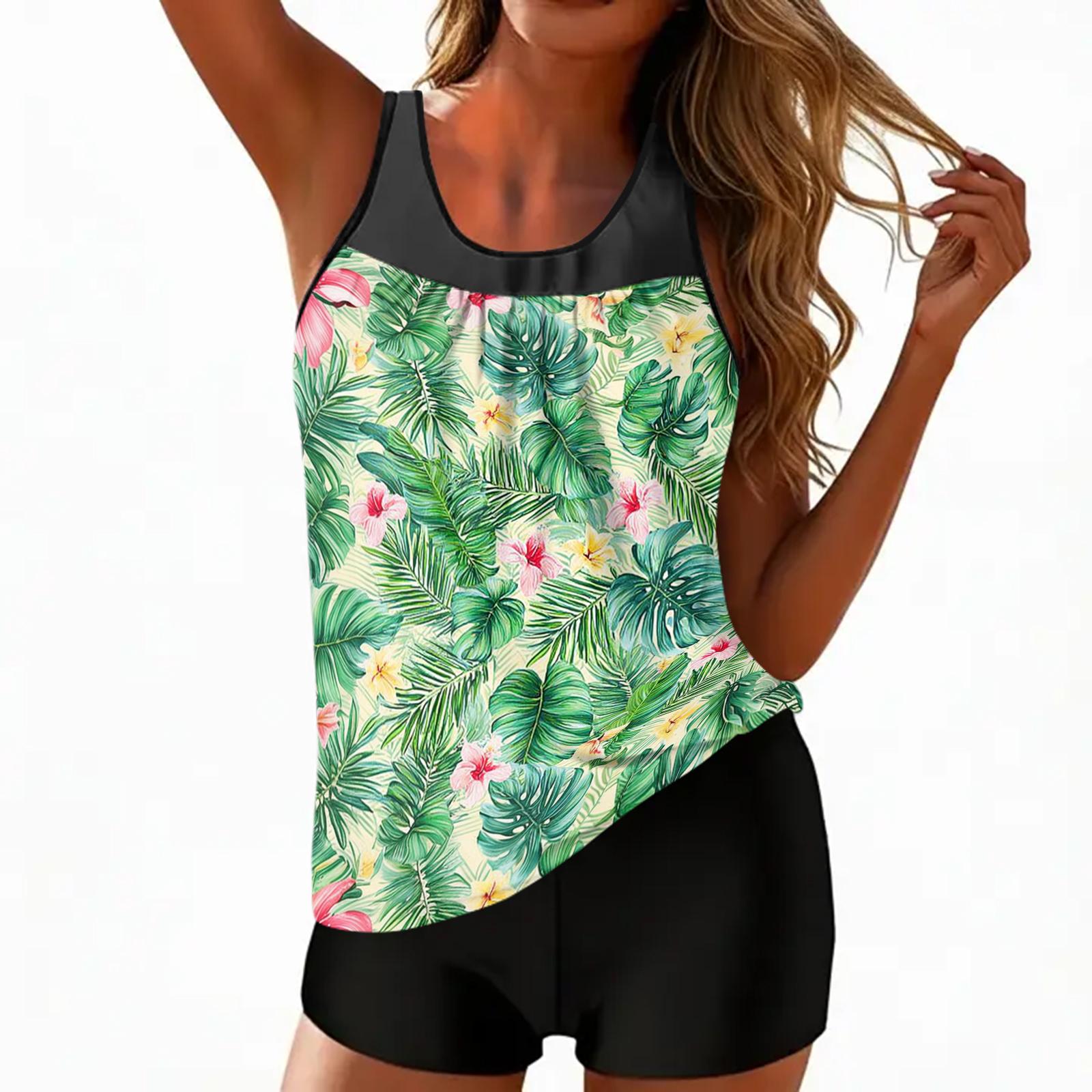 

Women’s Tankini Swimsuit Set with Leaf Print Sleeveless Top and Swim Shorts for Beach and Pool Activities M ціан