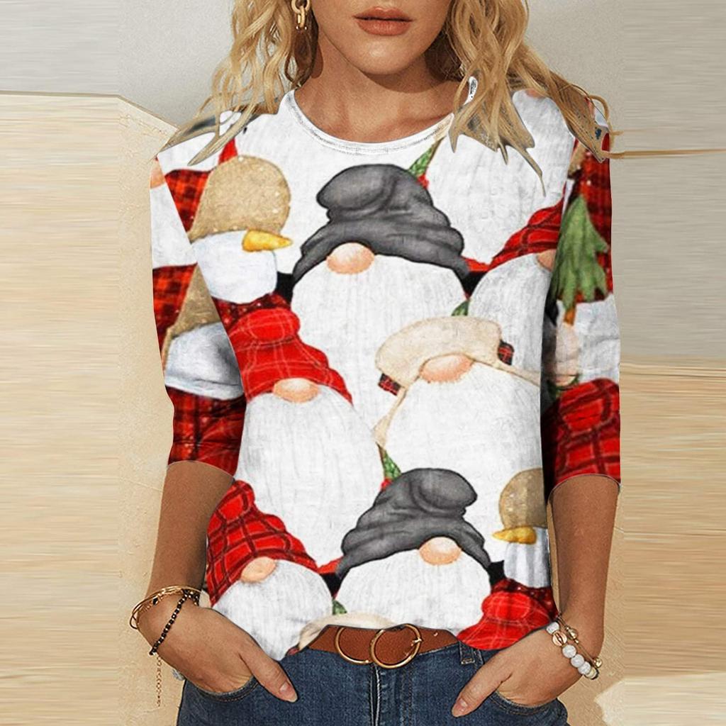 Damen-T-Shirt mit modischem Weihnachtsdruck, lässig, langärmelig, Rundhalsausschnitt