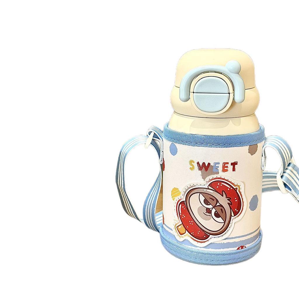 Cartoon Kids Thermos Cup with Sleeve, 316 Stainless Steel, Anti-Fall Straw, Portable & Cute for Students