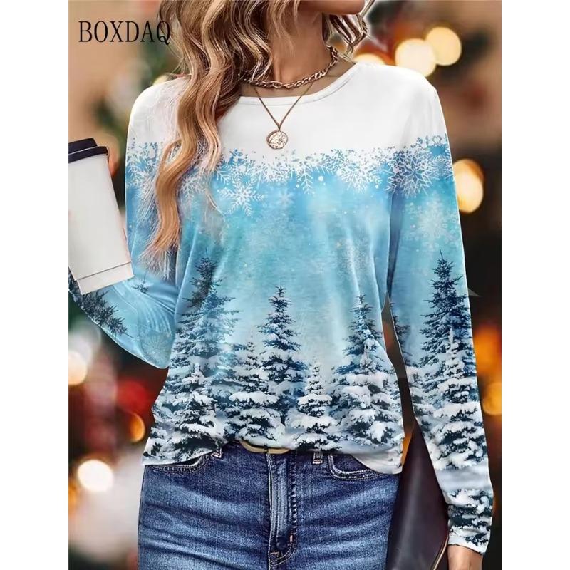 Herbst Winter Schneelandschaft Weihnachten Stil Frauen T-Shirts Langarm 3d Druck Straße Hip Hop Damen Tees 6XL Plus Größe Casual tops