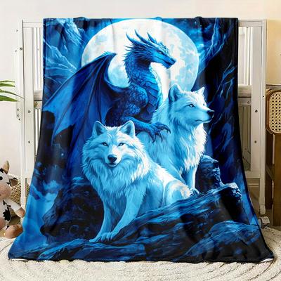 VIKAMA Fantasy Blauer Drache Wolf Decke Saison Universal Wohnzimmer Schlafzimmer Büro Nickerchen Überwurf Ins Stil Dekorative Decke