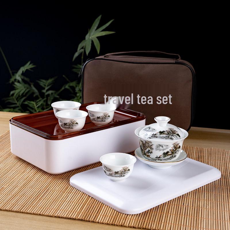 Portable Ceramic Kung Fu Travel Tea Set with Tray and Case