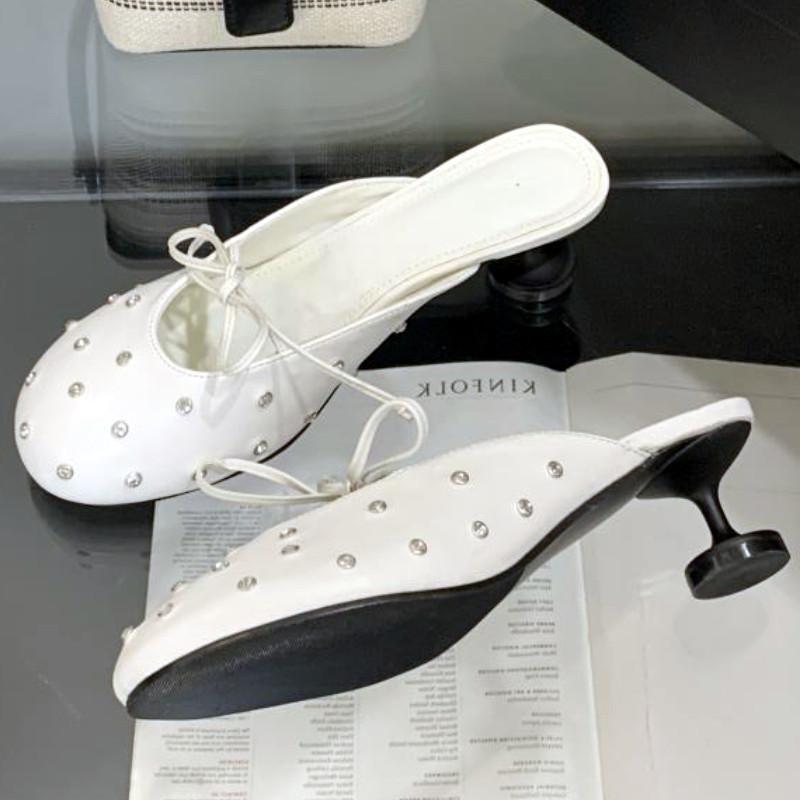 Luxury Rhinestone Bow High Heel Shoes for Woman Round Toe Thin Heel Designer Slide Sandals Fashion Shallow Comfort Women Sandals