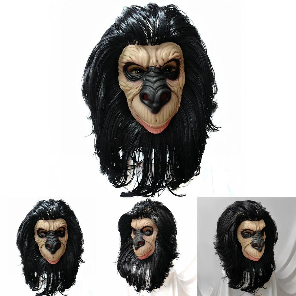 Latex Schwarzes Langes Haar Affenkopfmaske Für Halloween-Kostüme Und Party-Rollenspiel