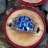 Fashionable Sparkling Square Blue Color Set Zircon Women's Ring, Bridal Wedding Jewelry, Banquet Party Accessories Gifts