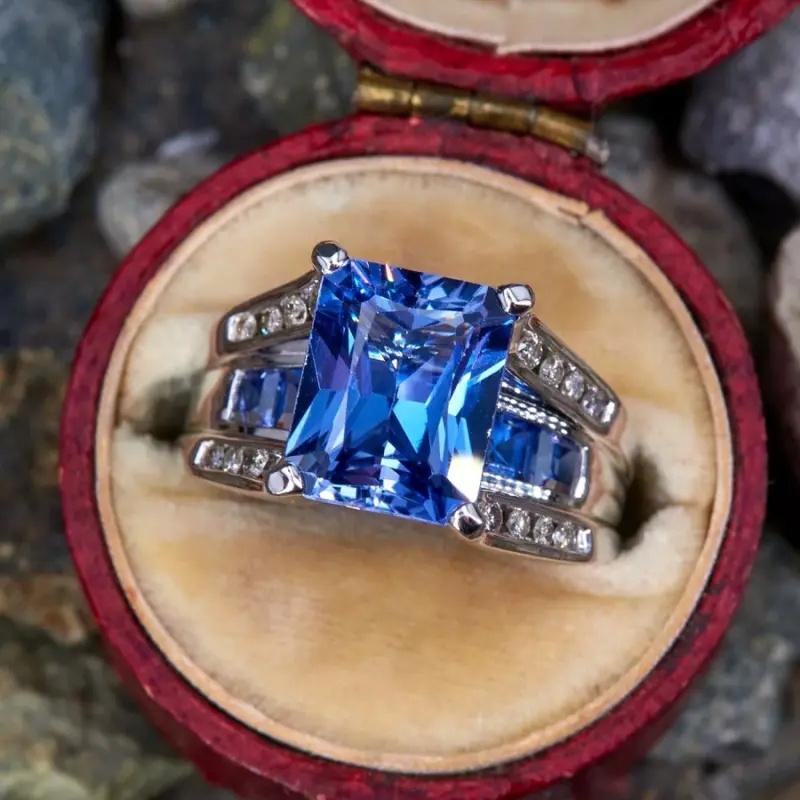 Fashionable Sparkling Square Blue Color Set Zircon Women's Ring, Bridal Wedding Jewelry, Banquet Party Accessories Gifts