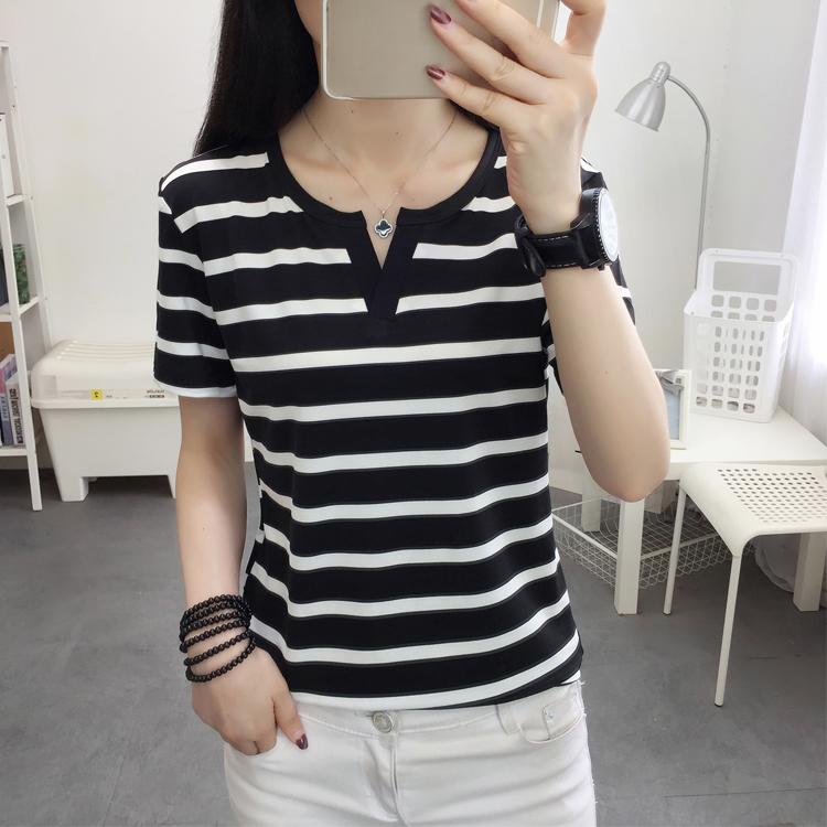 Harajuku Women Summer White T-shirt Girl Casual Slim Stripe Short Sleeve V Neck All-match T Shirts Y2k Tops For Female Clothing