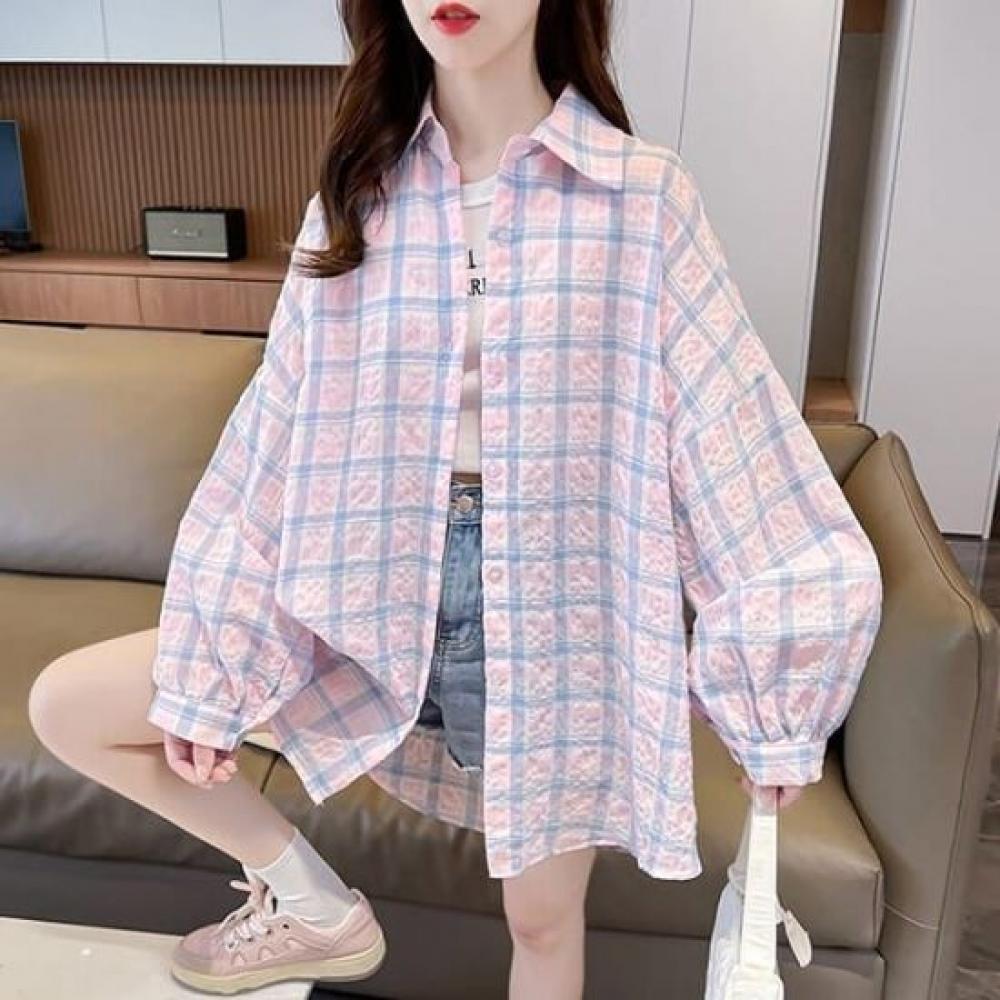 Navava Women Casual Seersucker Check Long Sleeve Shirt Nb2714