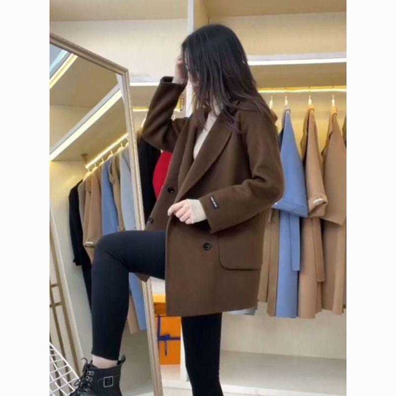 Korean Style Mid-Length Wool Coat - Petite Fit, Loose, Autumn/Winter, Black Coffee Color