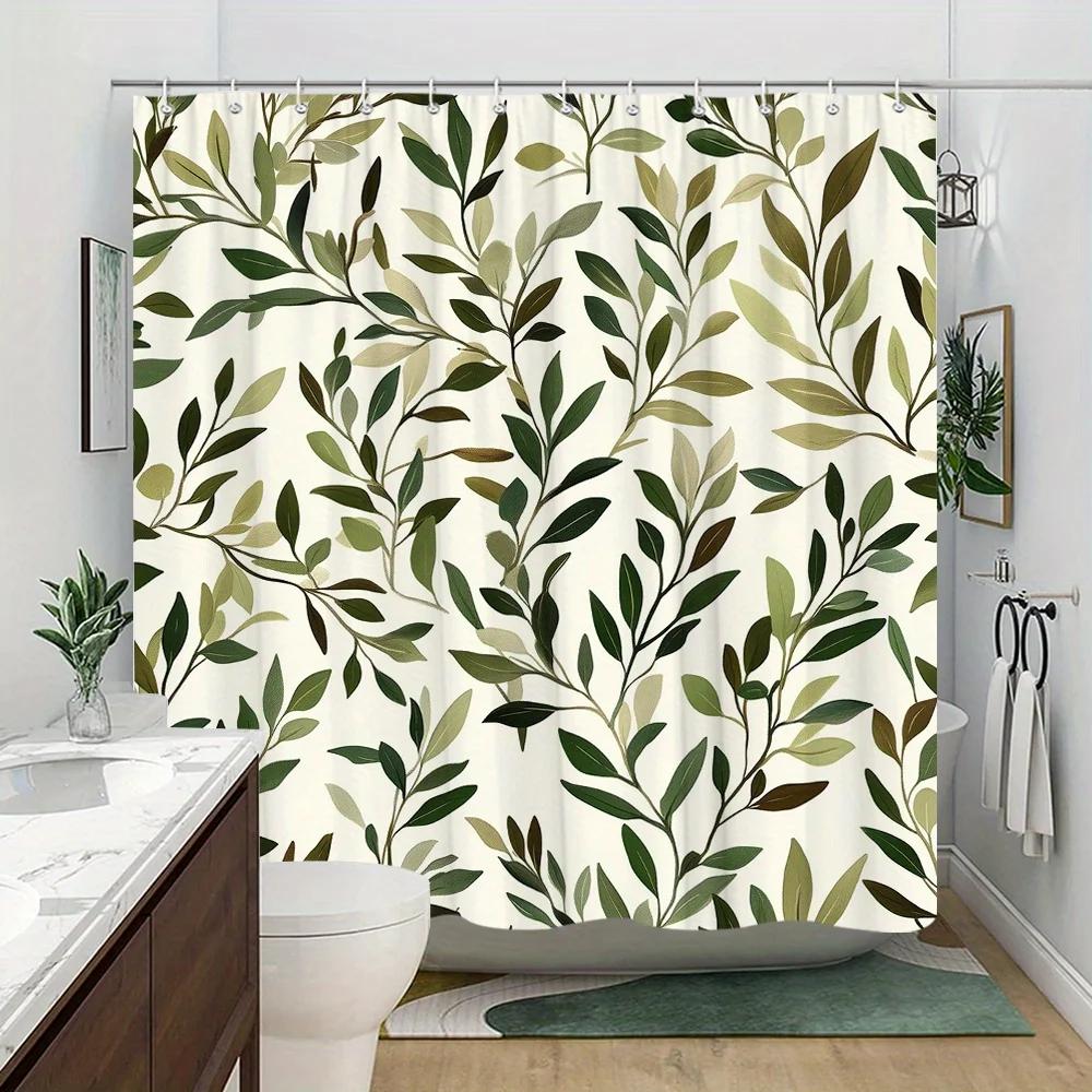 Leafy Branches Shower Curtain - Green & Brown Botanical Design, Light Cream Background,  12 Hooks, Machine Washable, Bath Deco