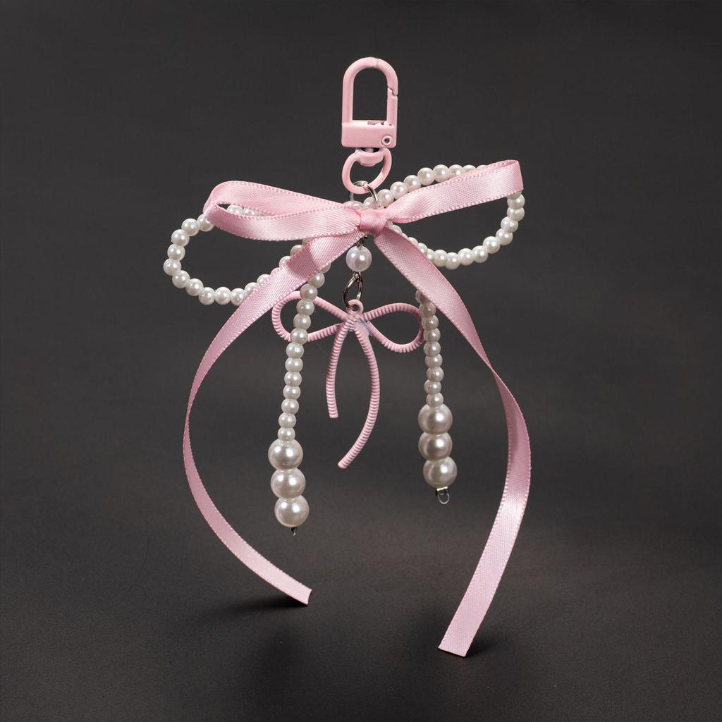 Korean Sweet Faux Pearl & Rhinestone Bow Keychain Charm