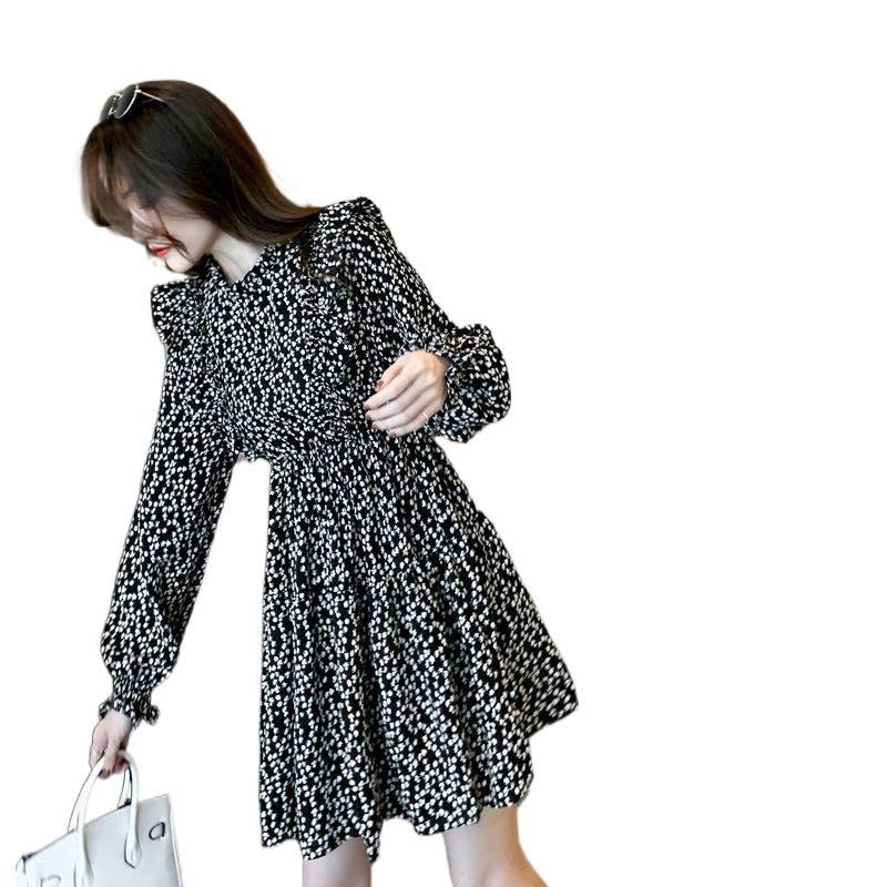 2026 French Retro Waist-Cinched Floral A-line Skirt Dress - Women's Elegant Long Sleeve for Spring/Autumn