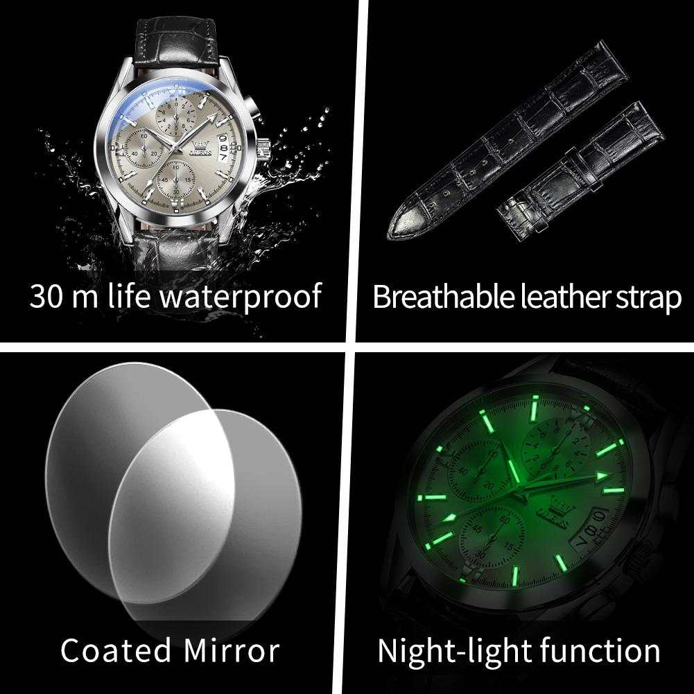 OLEVS 2987 Watches For Man New Original Business Chronograph Quartz Watch Waterproof Luminous Leather Strap Mans Watch Gifts