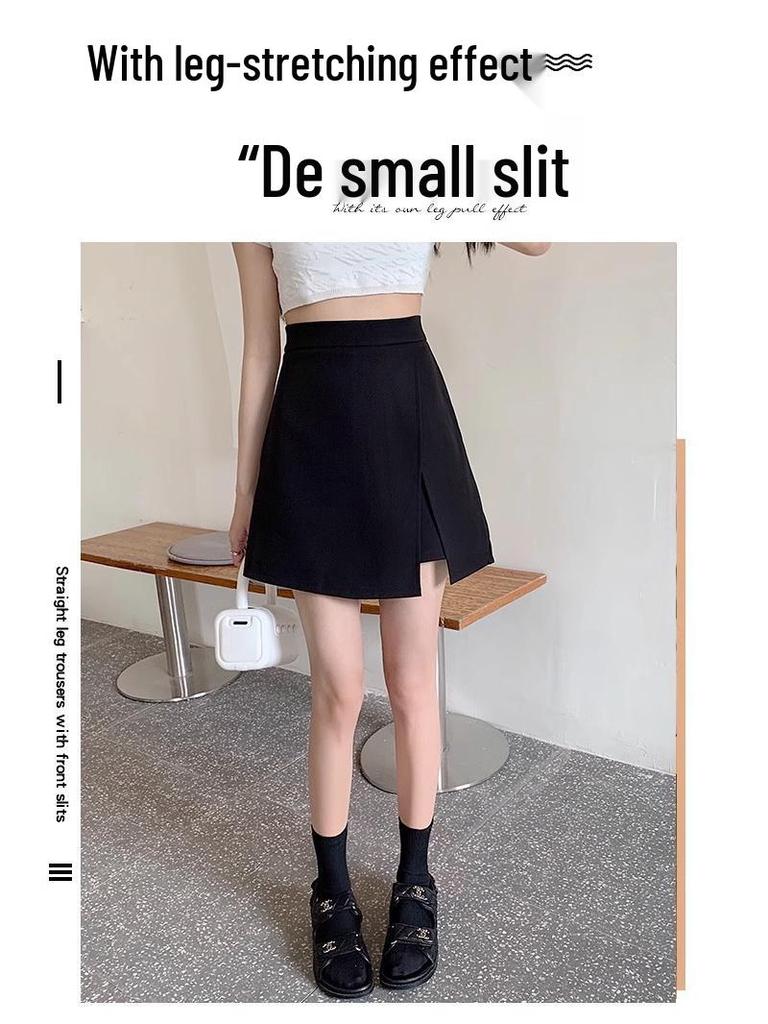 2025 Summer High-Waist Black A-line Midi Skirt - Slimming Plus Size, Hip-Hugging Design with Slit for Women