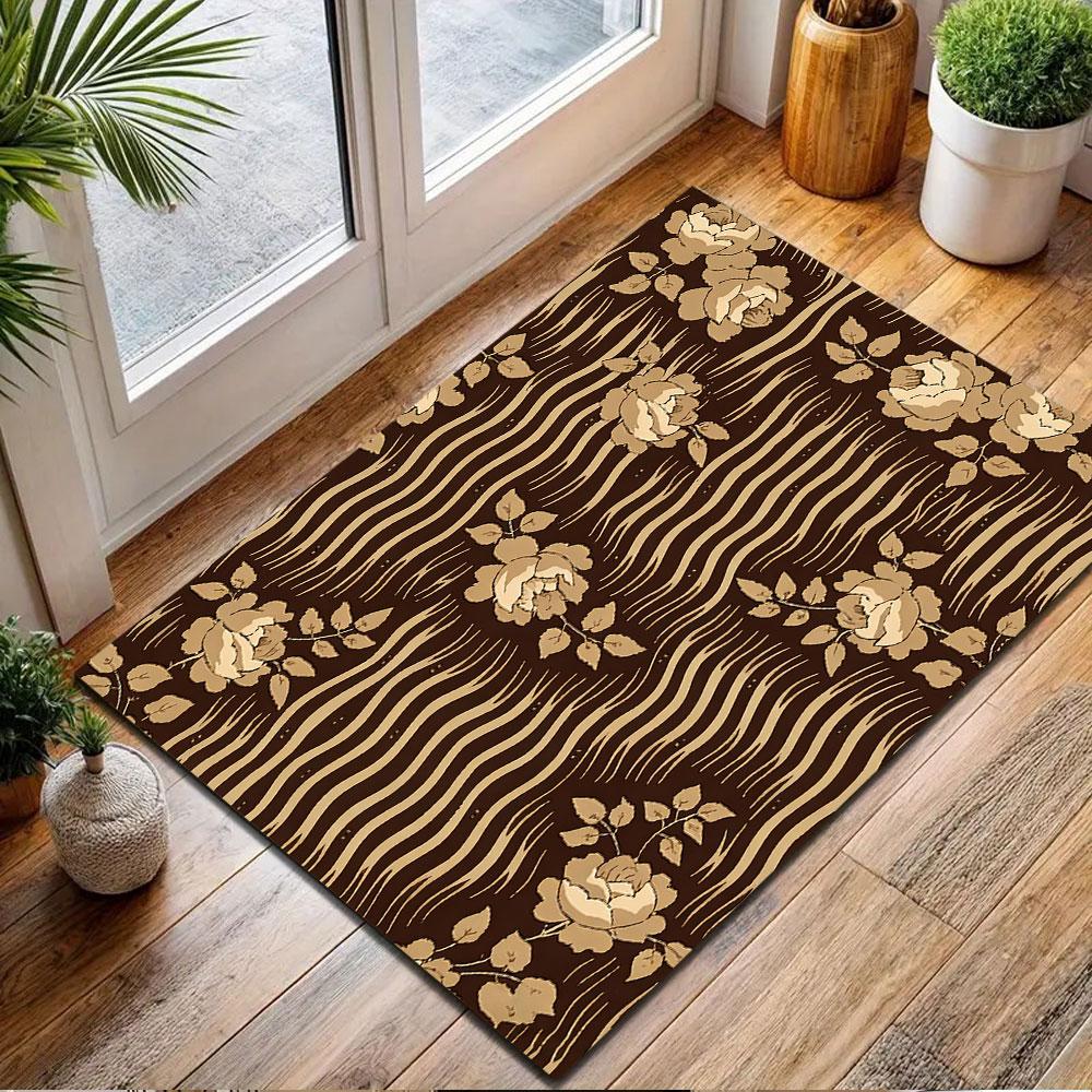 Beige Roses On Brown Waves Patterned Carpet, Non Slip Mat Suitable for Living Room and Bedroom Sofas